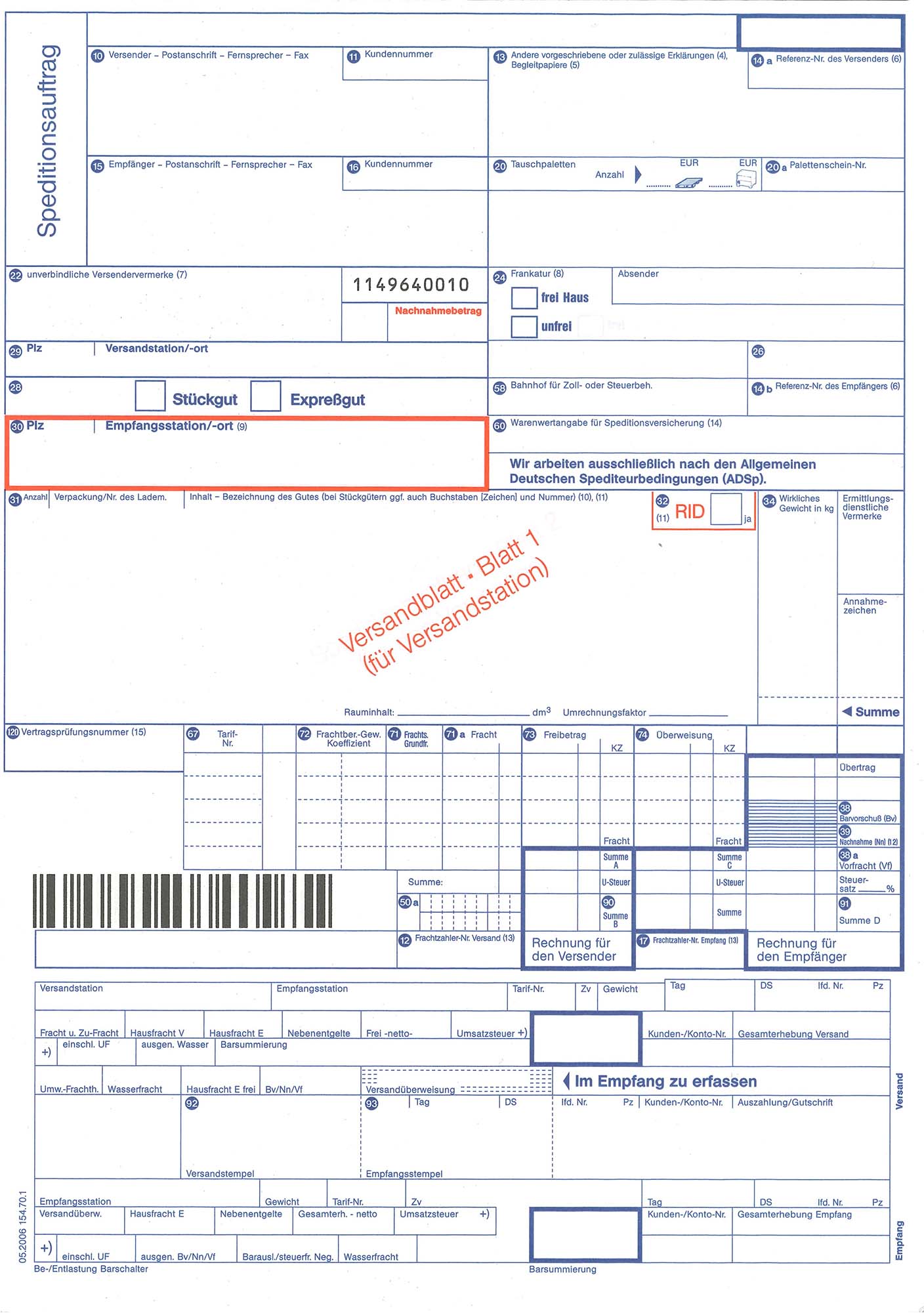 Speditionsauftrag (RID)                                                         