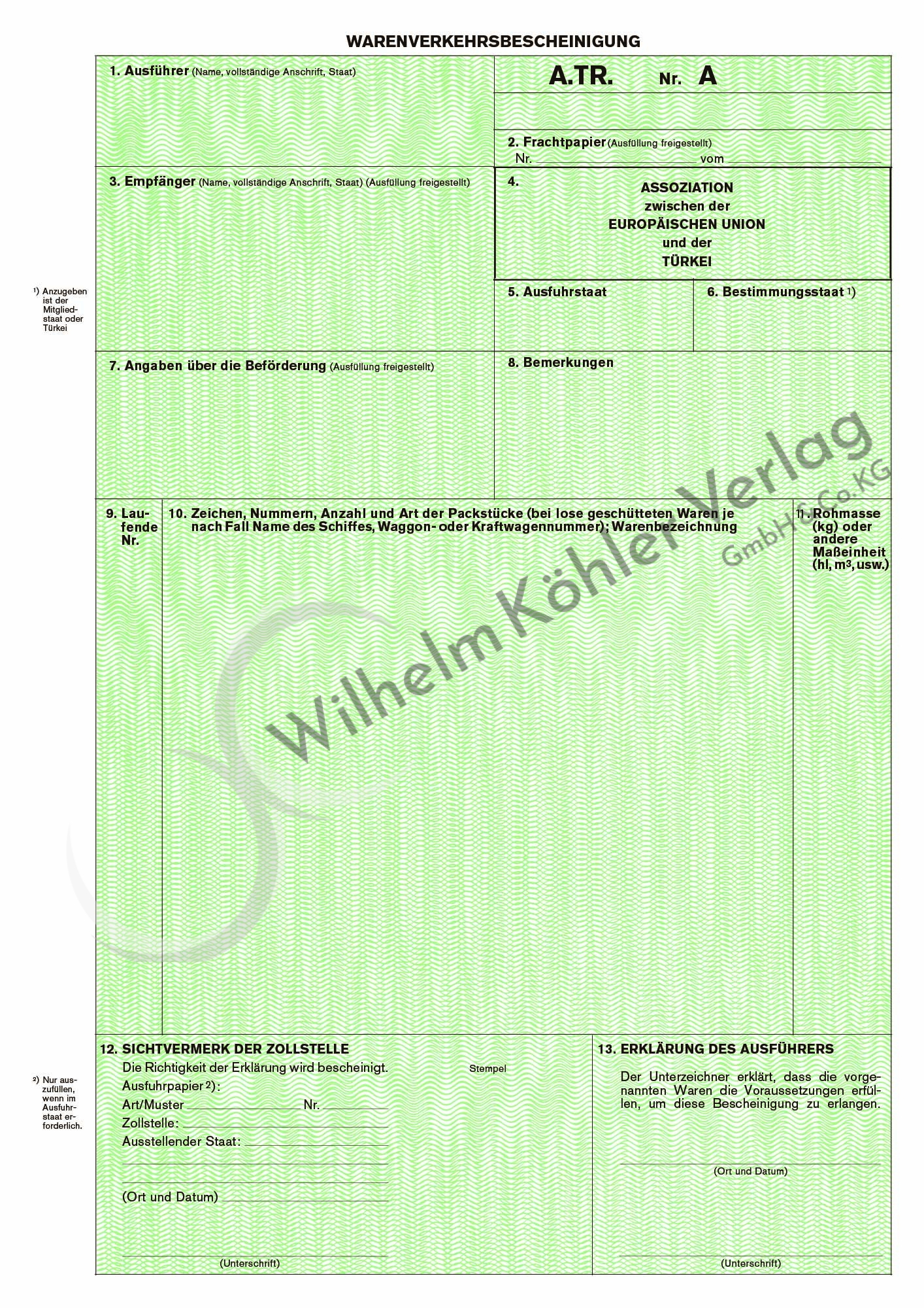 802 A.TR. Warenverkehrsbescheinigung Türkei                                     