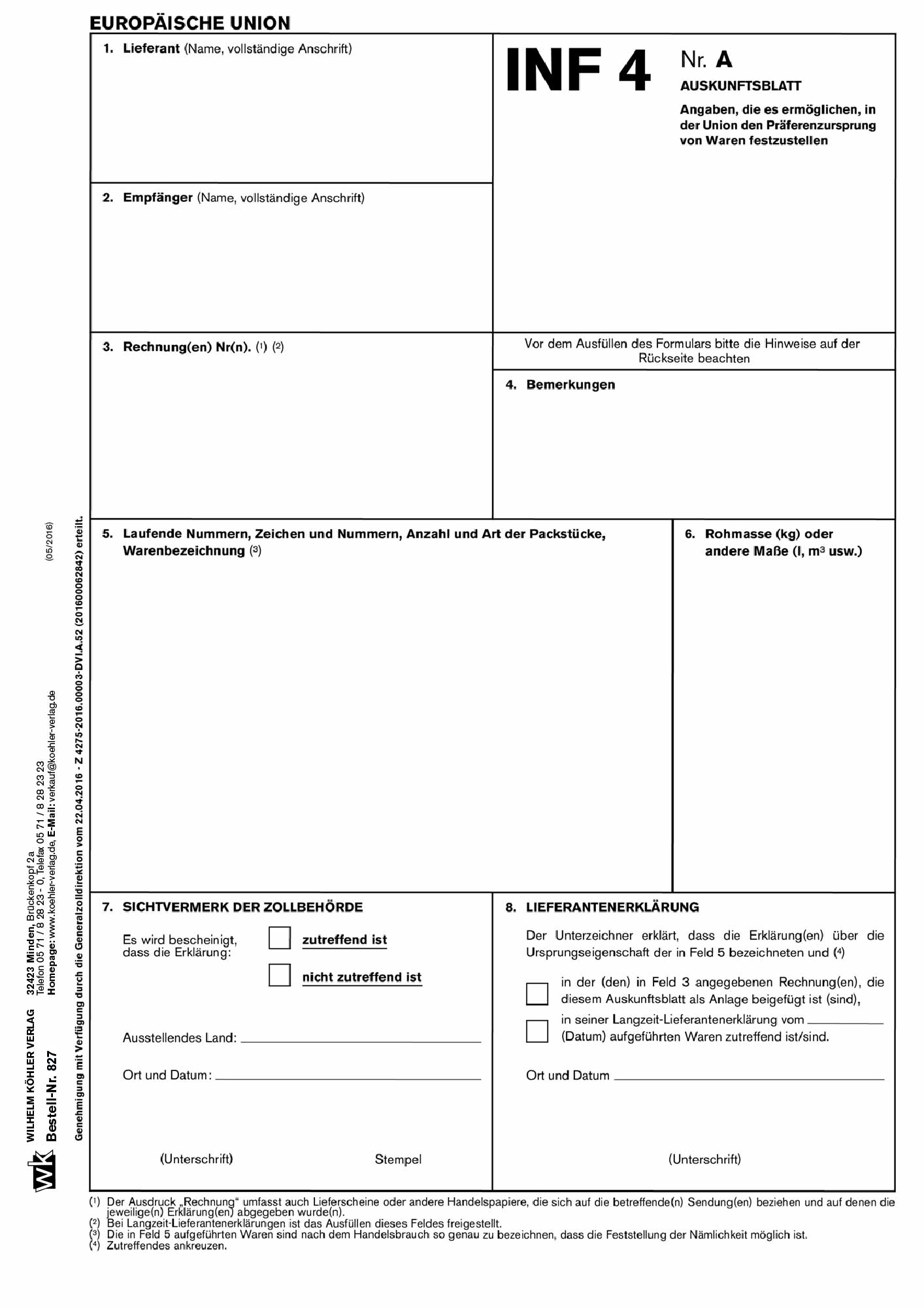 827 INF 4 Auskunftsblatt                                                        