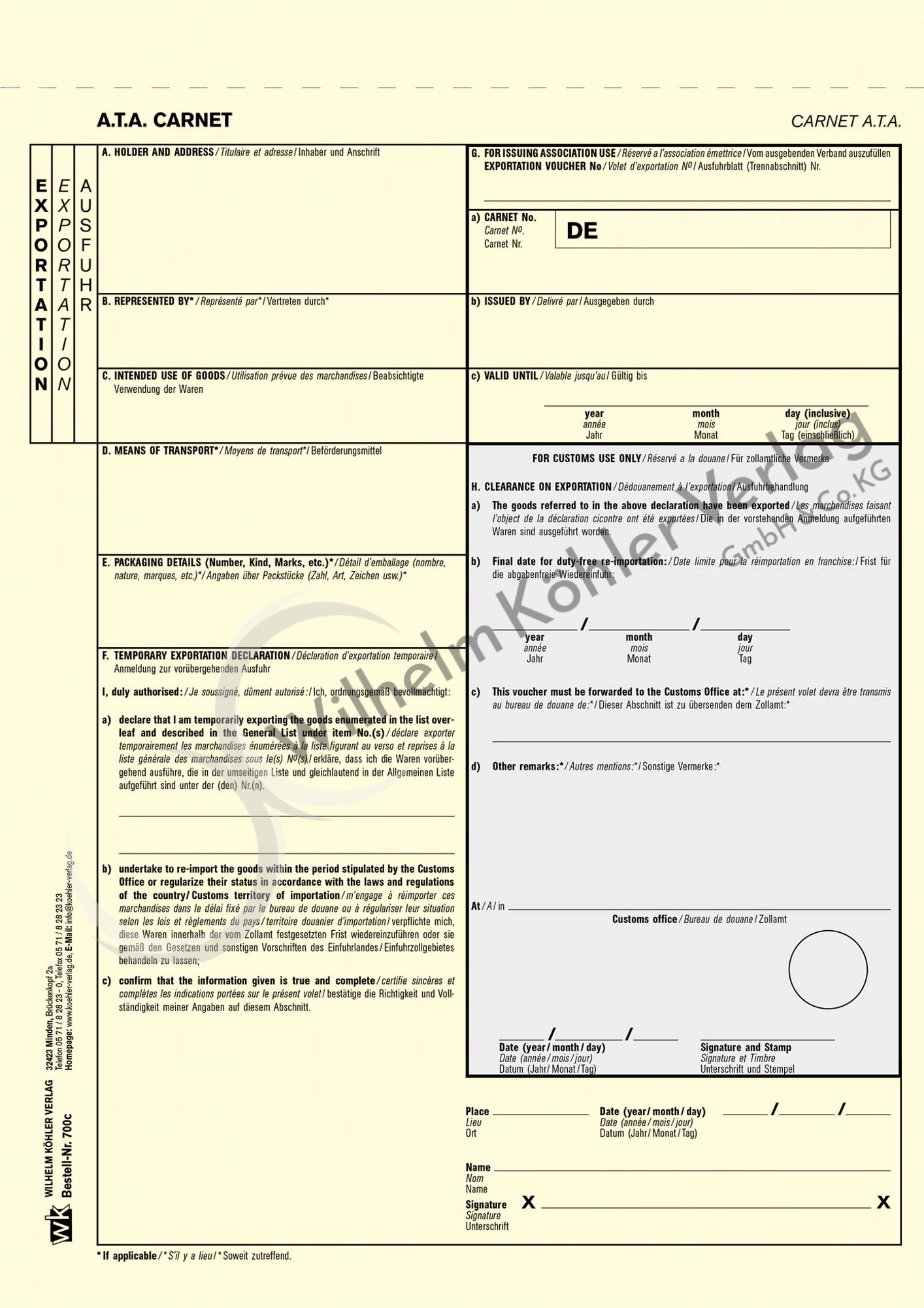 700c  Ausfuhrblatt-Exportation                                                  