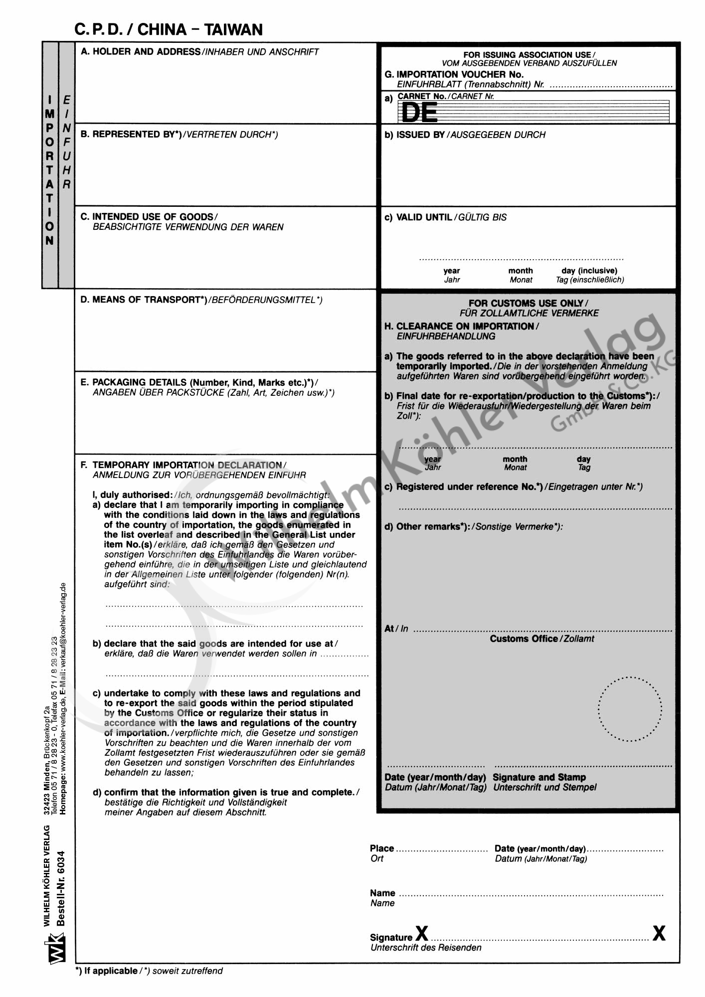 6034  Einfuhrblatt (weiß)                                                       