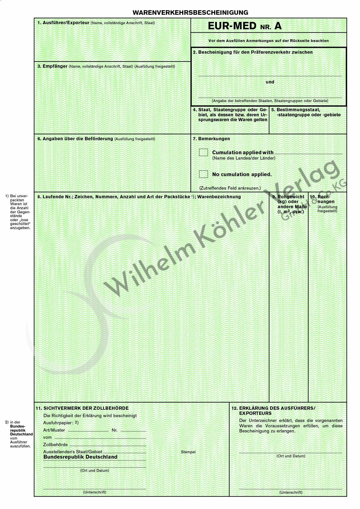 890 EUR-MED Warenverkehrsbescheinigung                                          