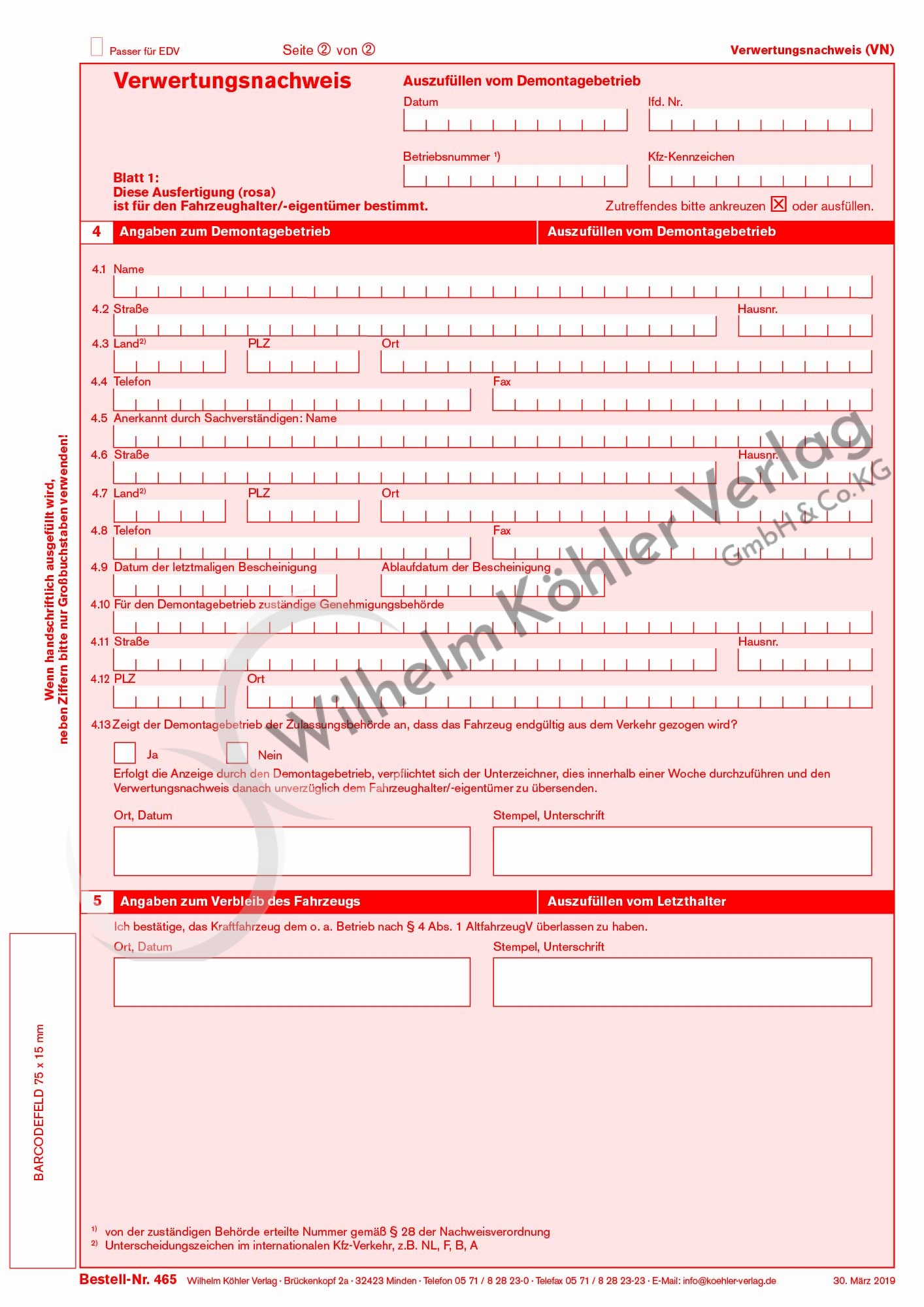 465 Verwertungsnachweis entspr.Paragr.15 FZV                                    