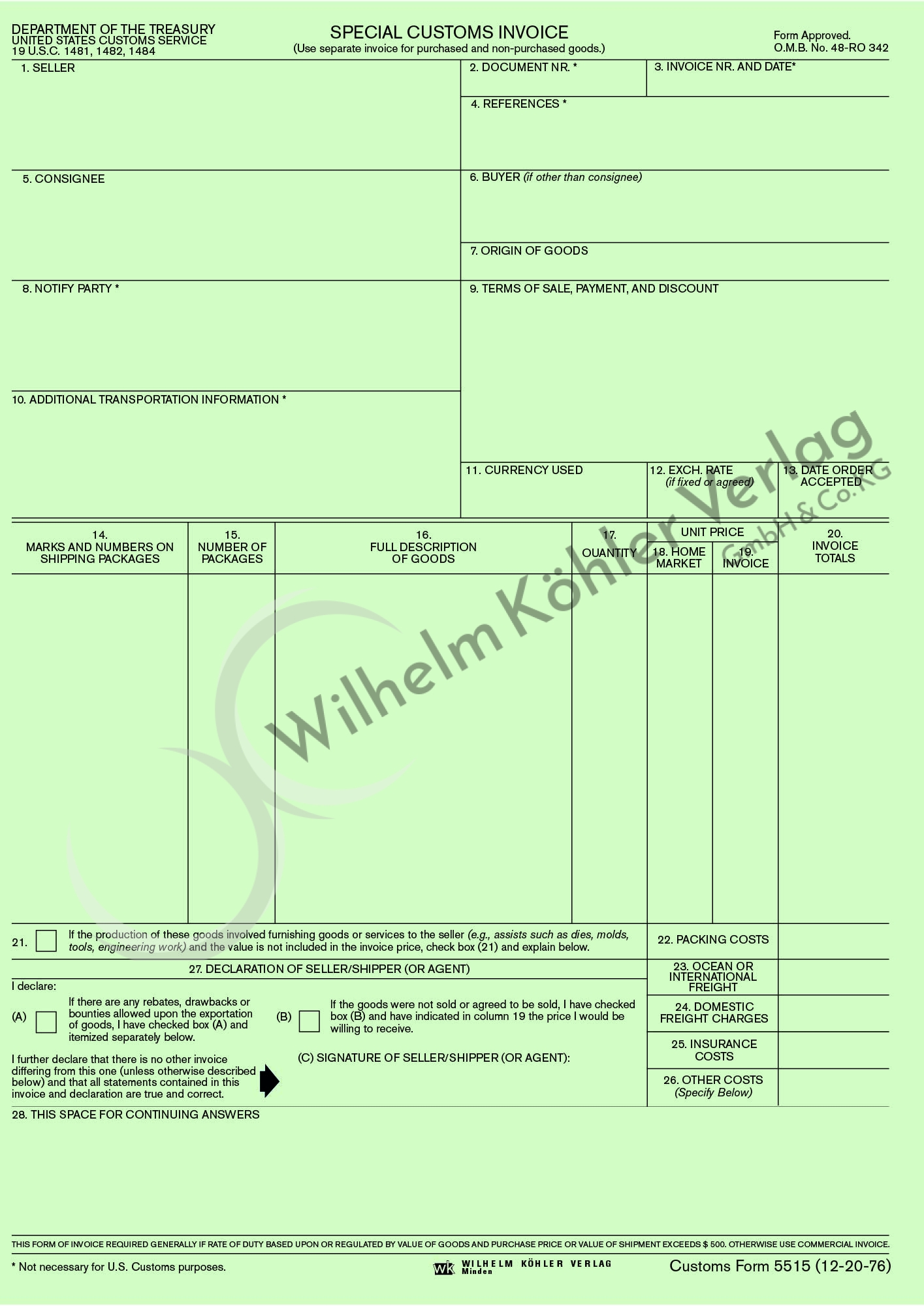 5515 USA, Special Customs Invoice                                               