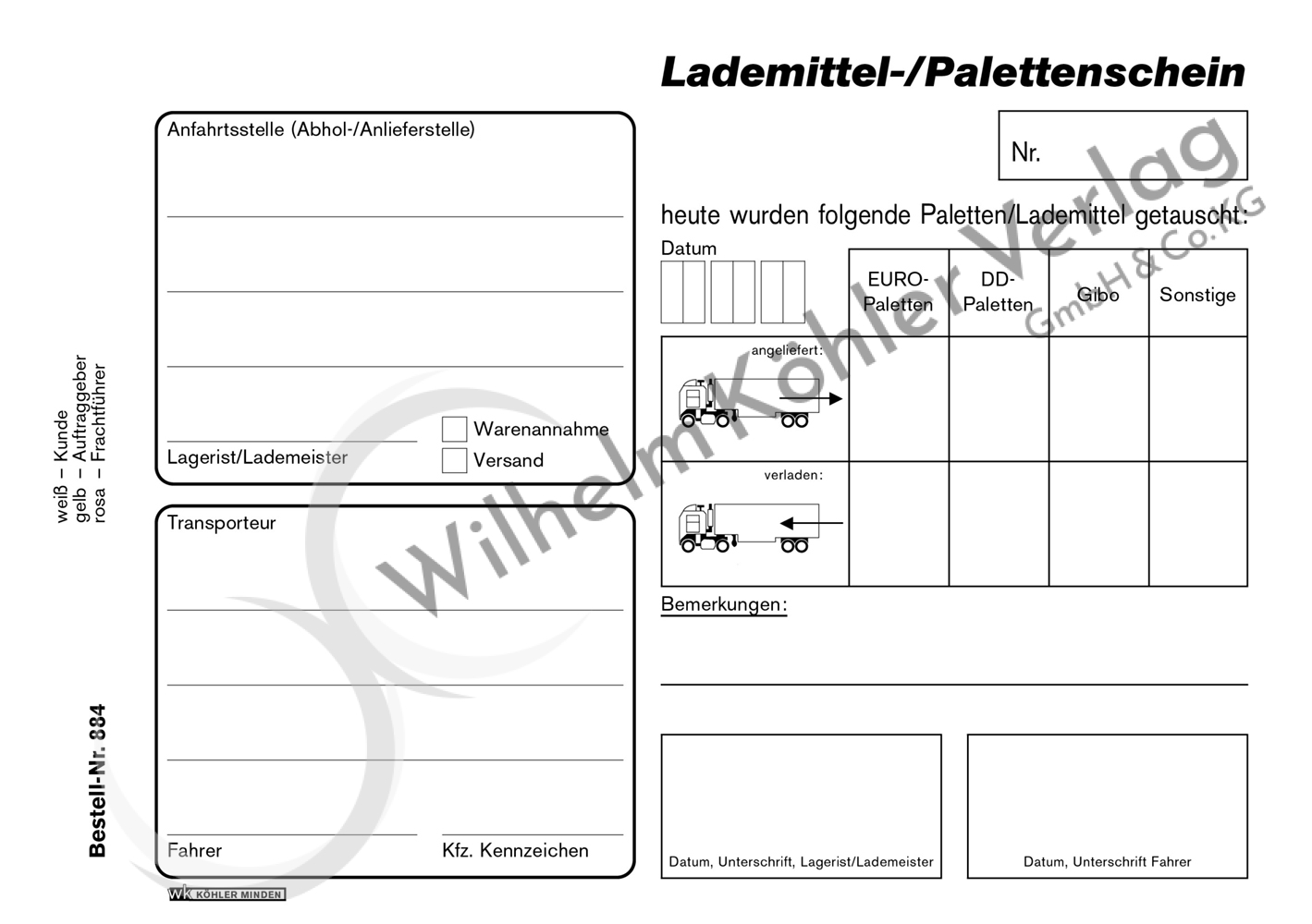 884 Lademittel-/Palettenschein                                                  