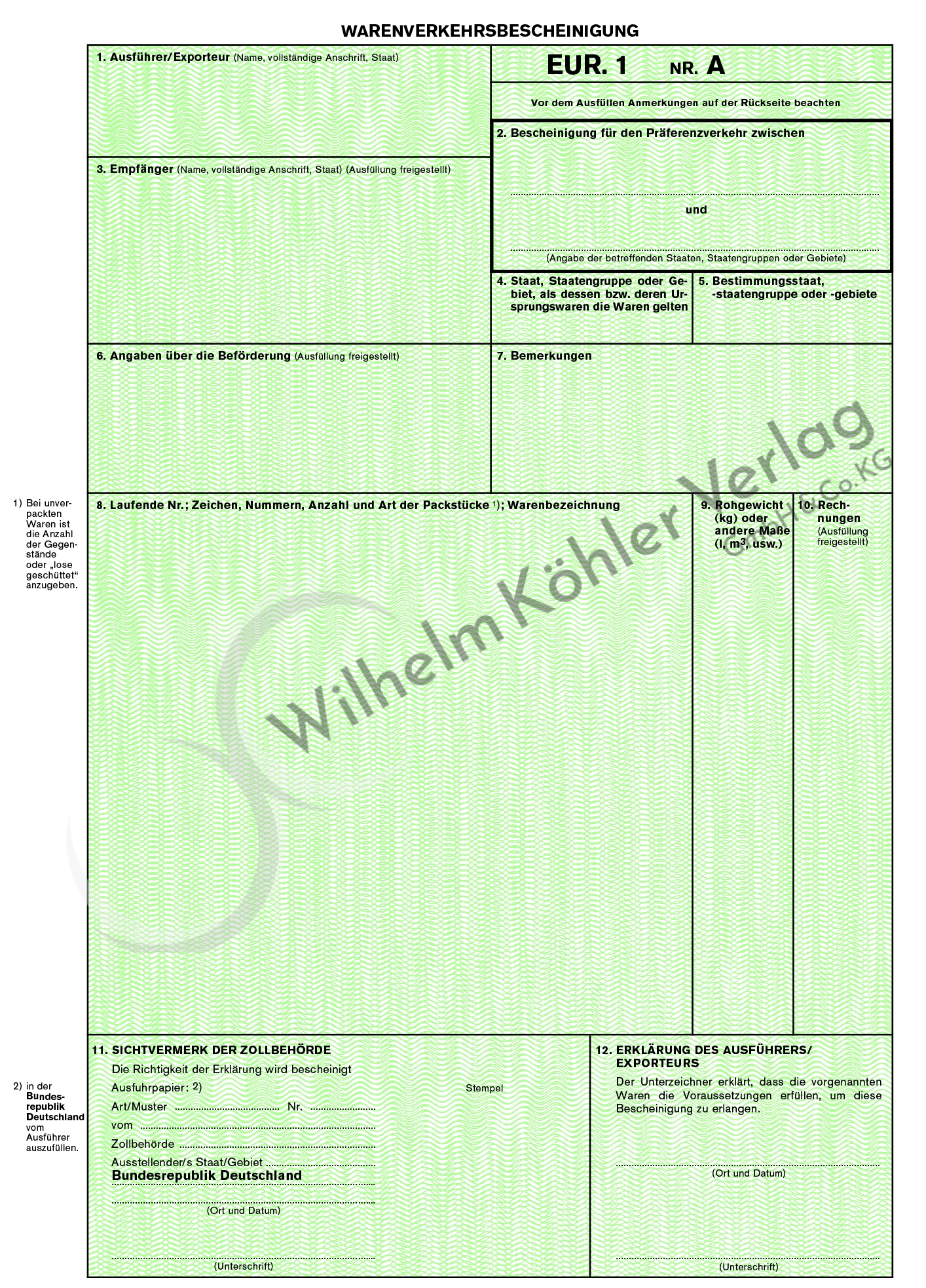 826 EUR 1 Warenverkehrscheinigung                                               