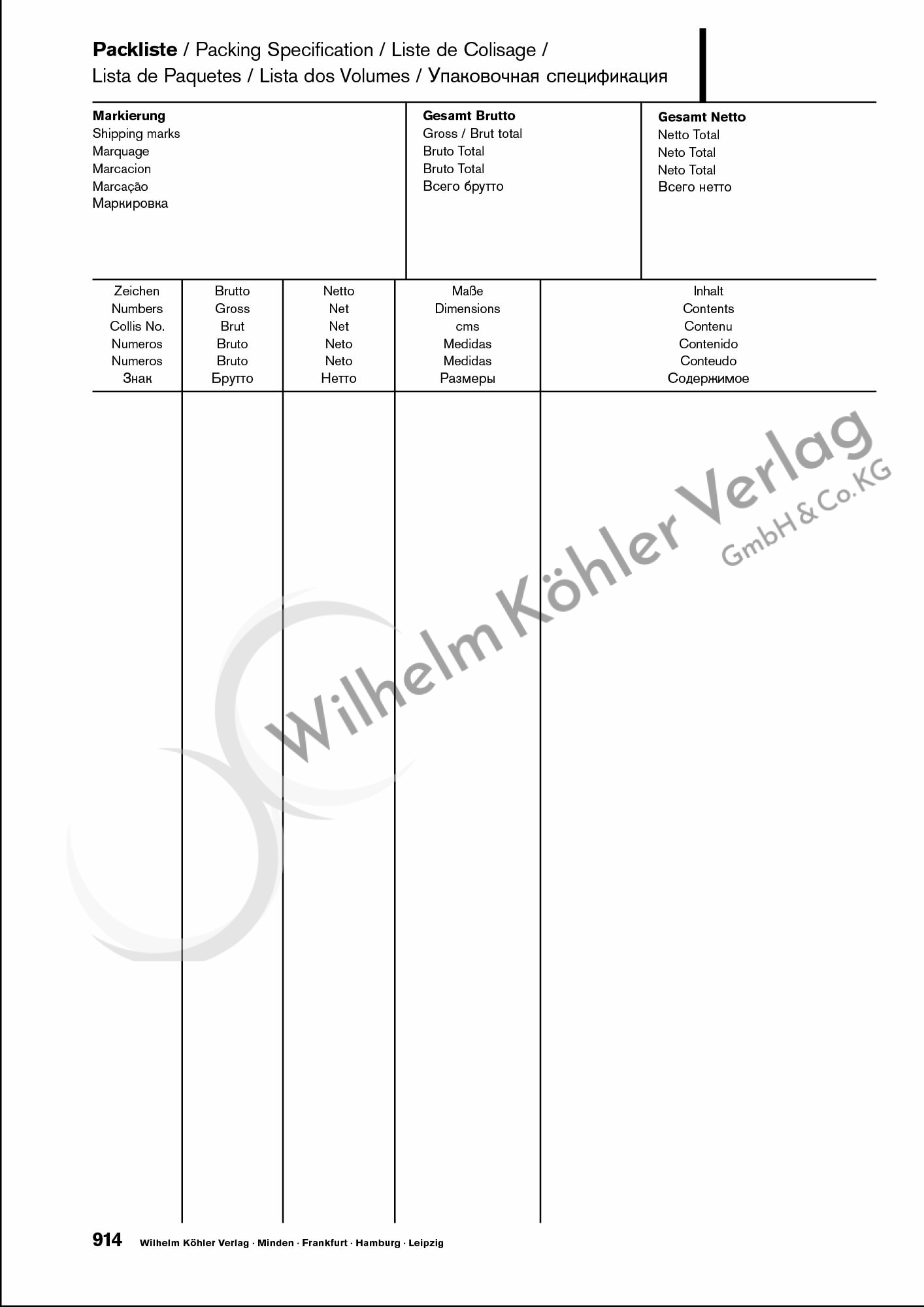 914  Packliste/Packing Spez.                                                    