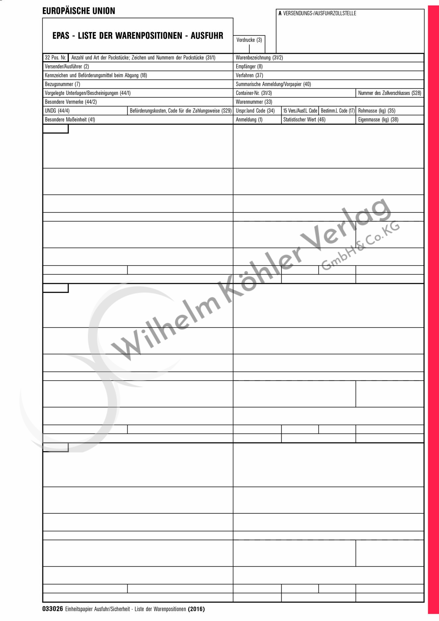 033026 Einheitspapier Ausfuhr/Sicherheit Liste der Warenpositionen              