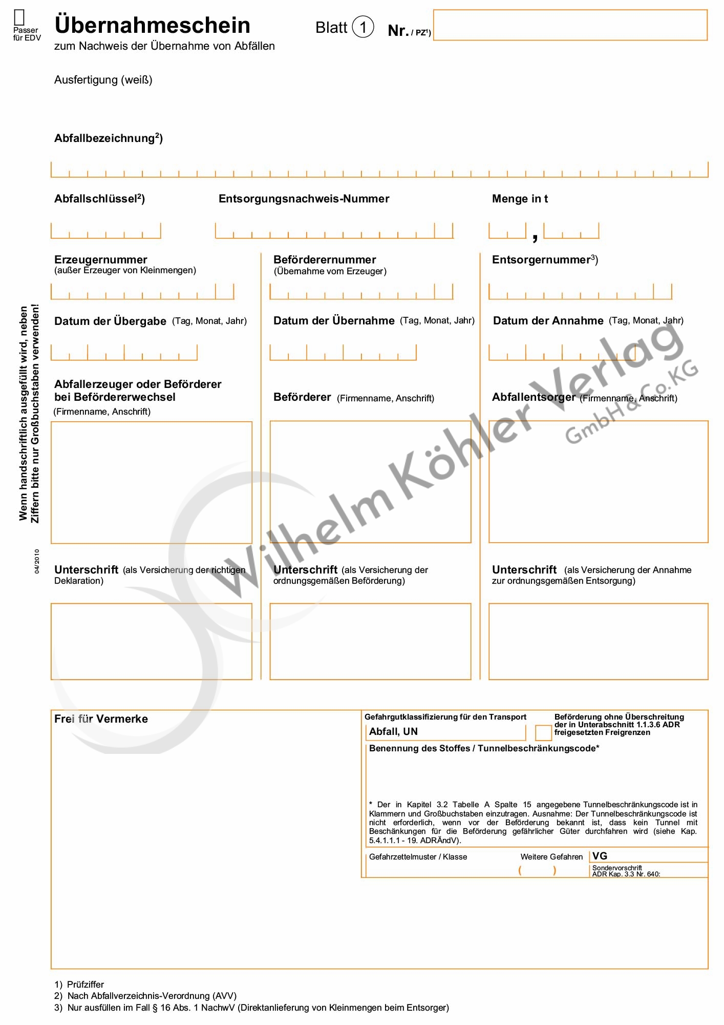 452 Übernahmeschein Abfall                                                      