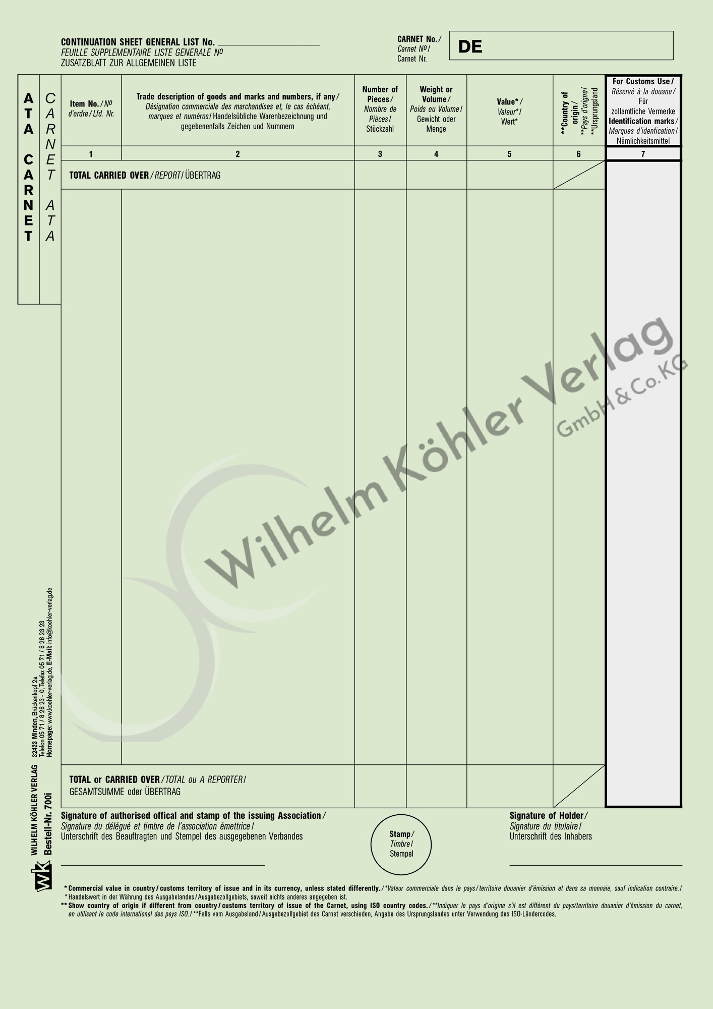 700i  Zusatzblatt Allgemeine Liste                                              