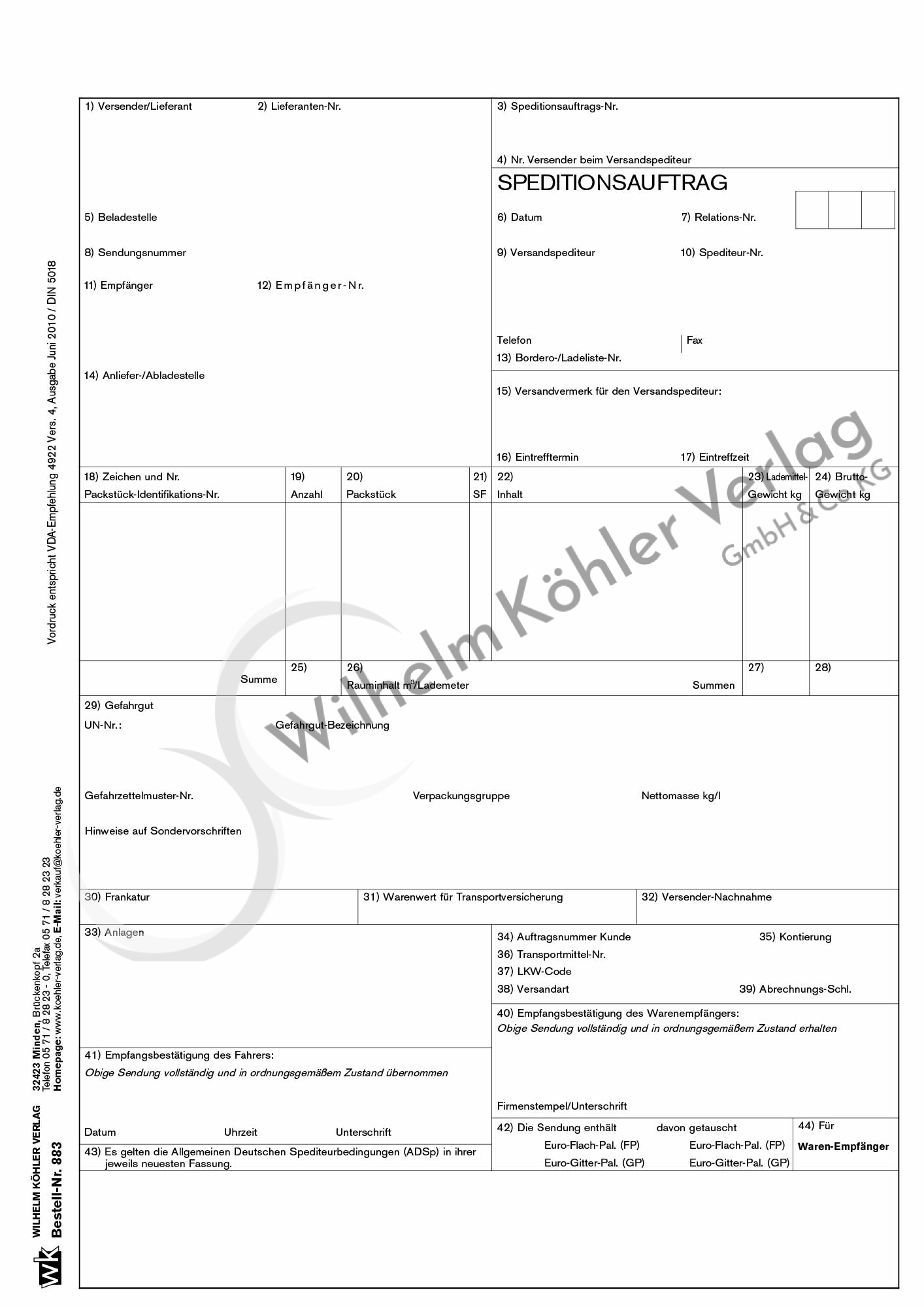 883 Speditionsauftrag DIN 5018                                                  