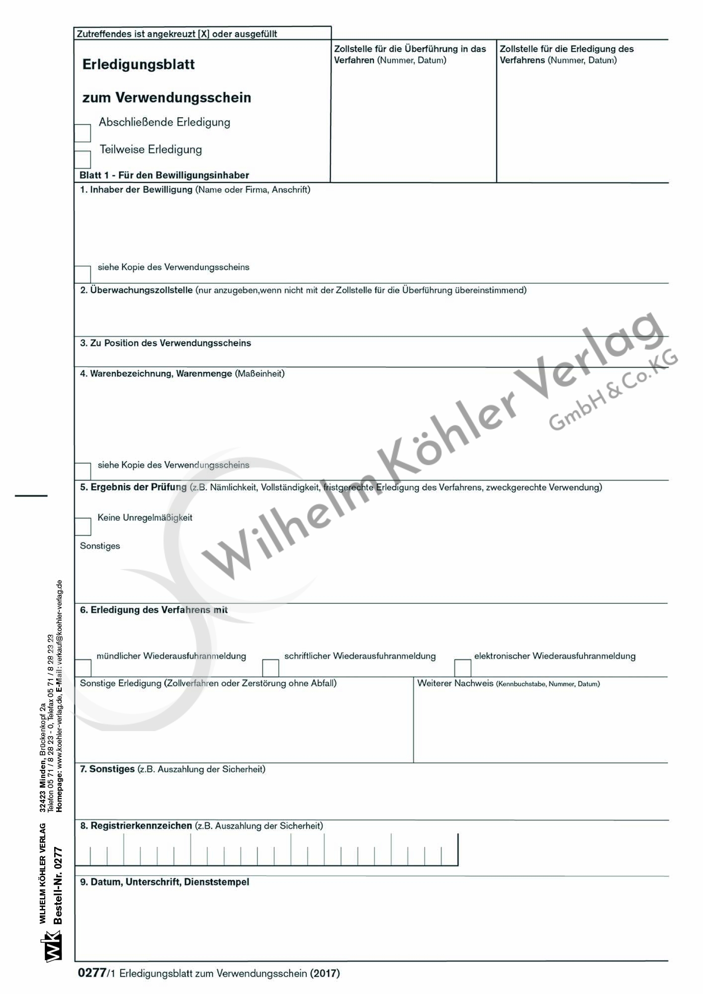 0277 Erledigungsblatt zum Verwendungsschein                                     