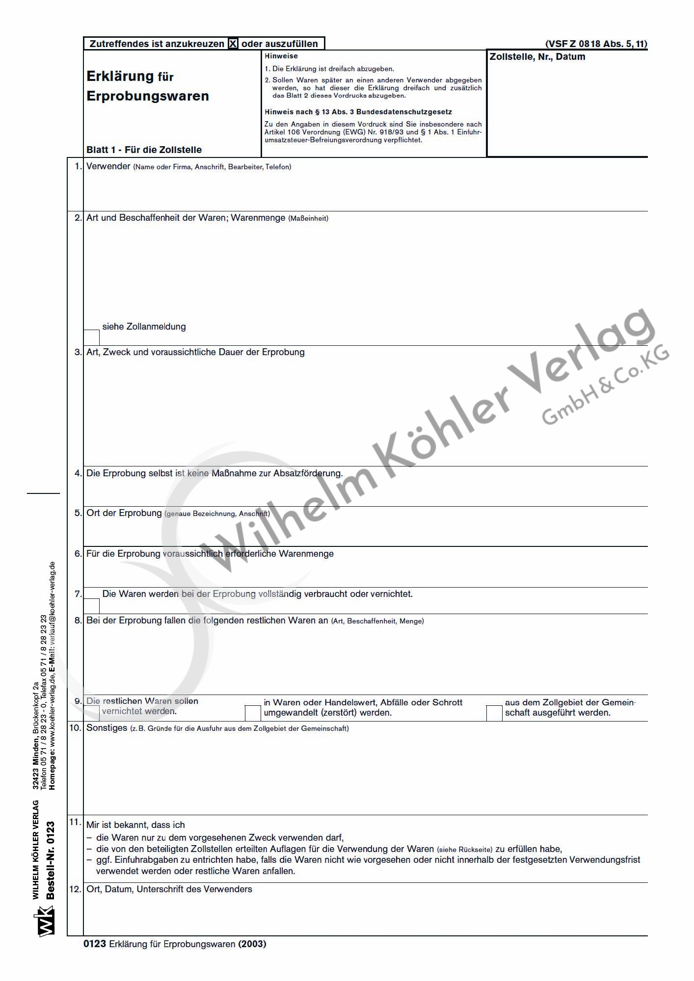 0123 Erklärung für Erprobungswaren                                              