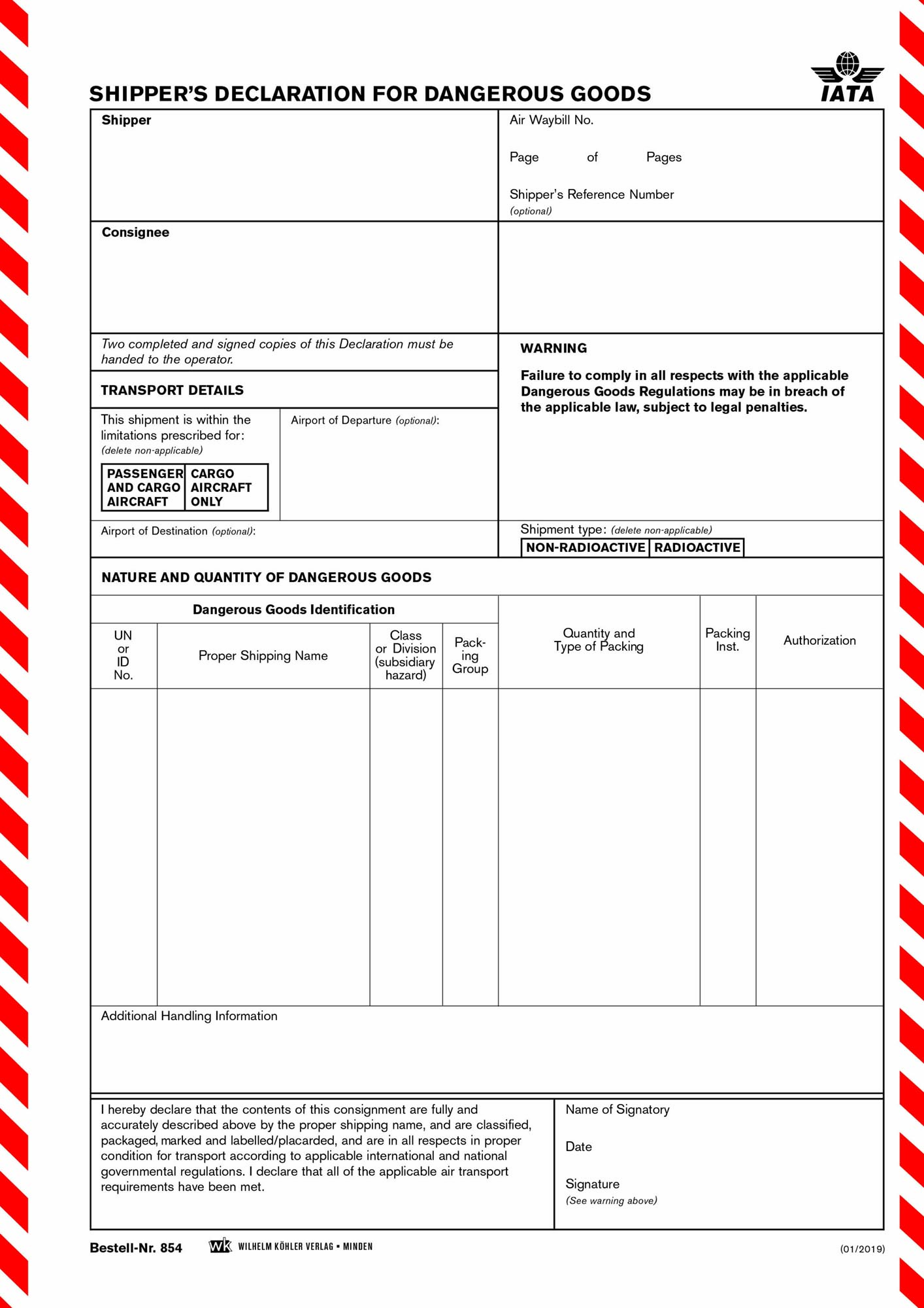   854 Shippers Declaration Luftverkehr IATA                                     