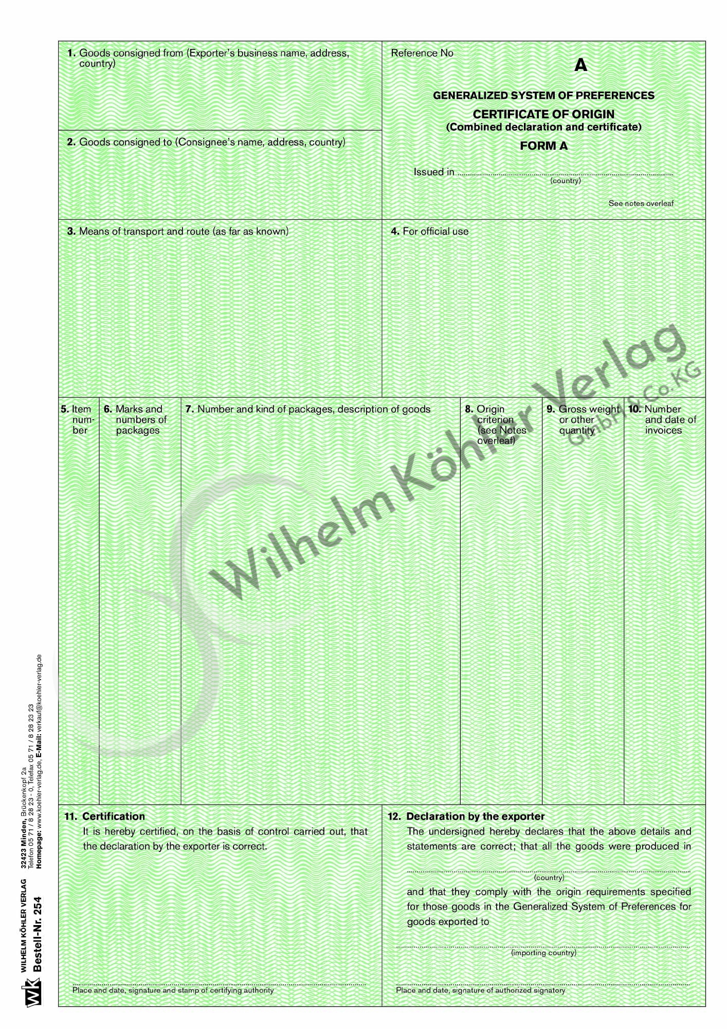 254 Präferenz Ursprungszeugnis Form A                                           