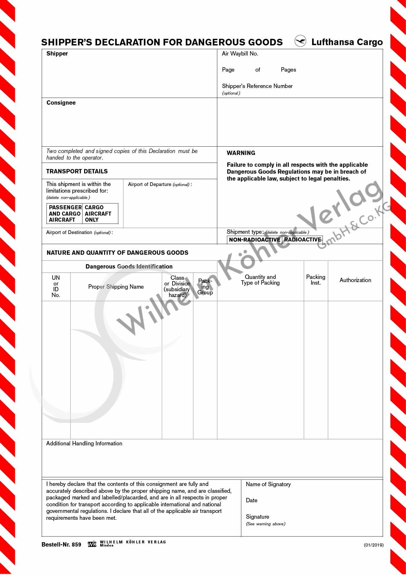 859 Shippers Declaration Lufthansa Cargo                                        