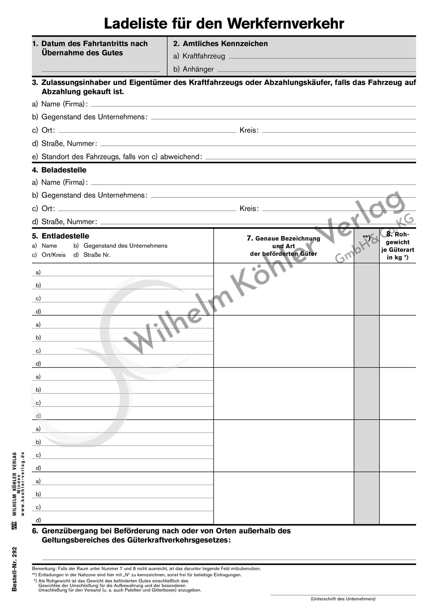 292 Ladeliste für den Werkfernverkehr                                           