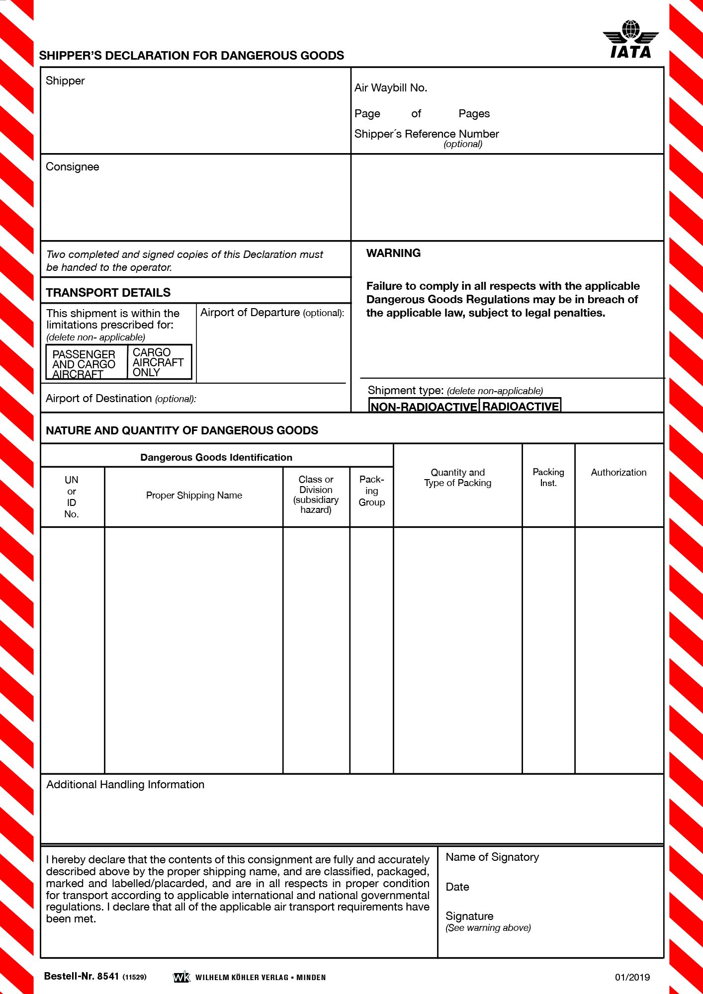 8541 Shippers Declaration Luftverkehr IATA  (ehem. Order No.: 11529)            