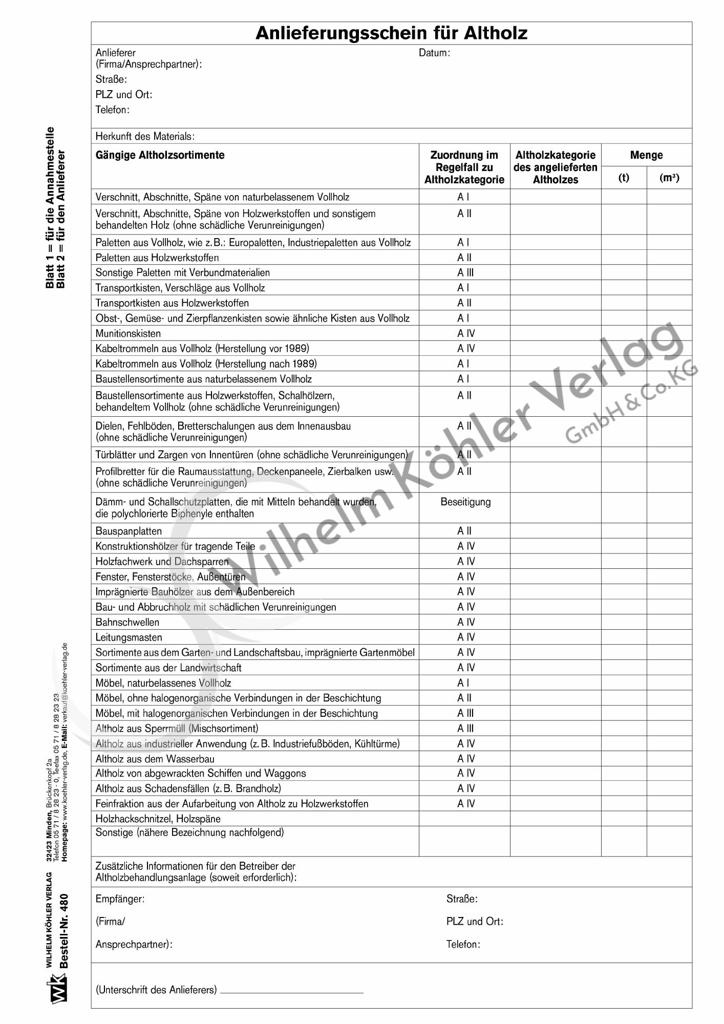 480 Anlieferungsschein für Altholz                                              