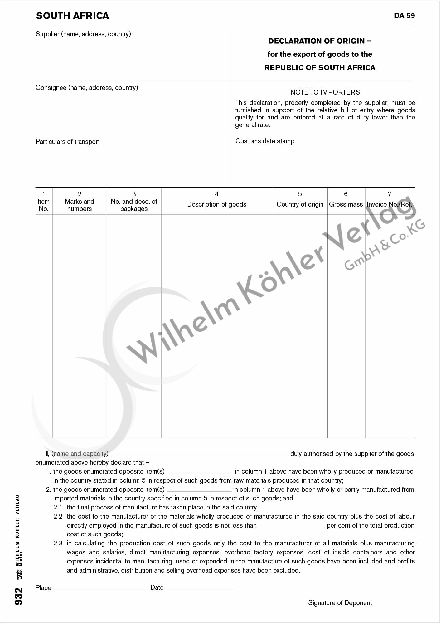 932 Ursprungserklärung Südafrika                                                