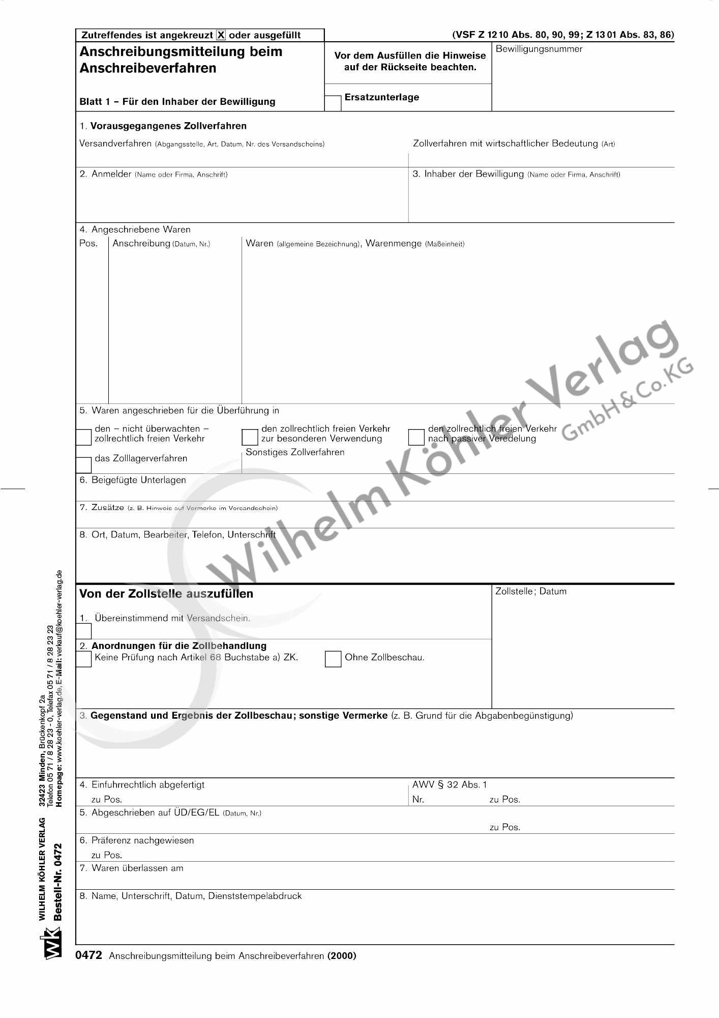 0472 Anschreibungsmitteilung beim Anschreibeverfahren                           