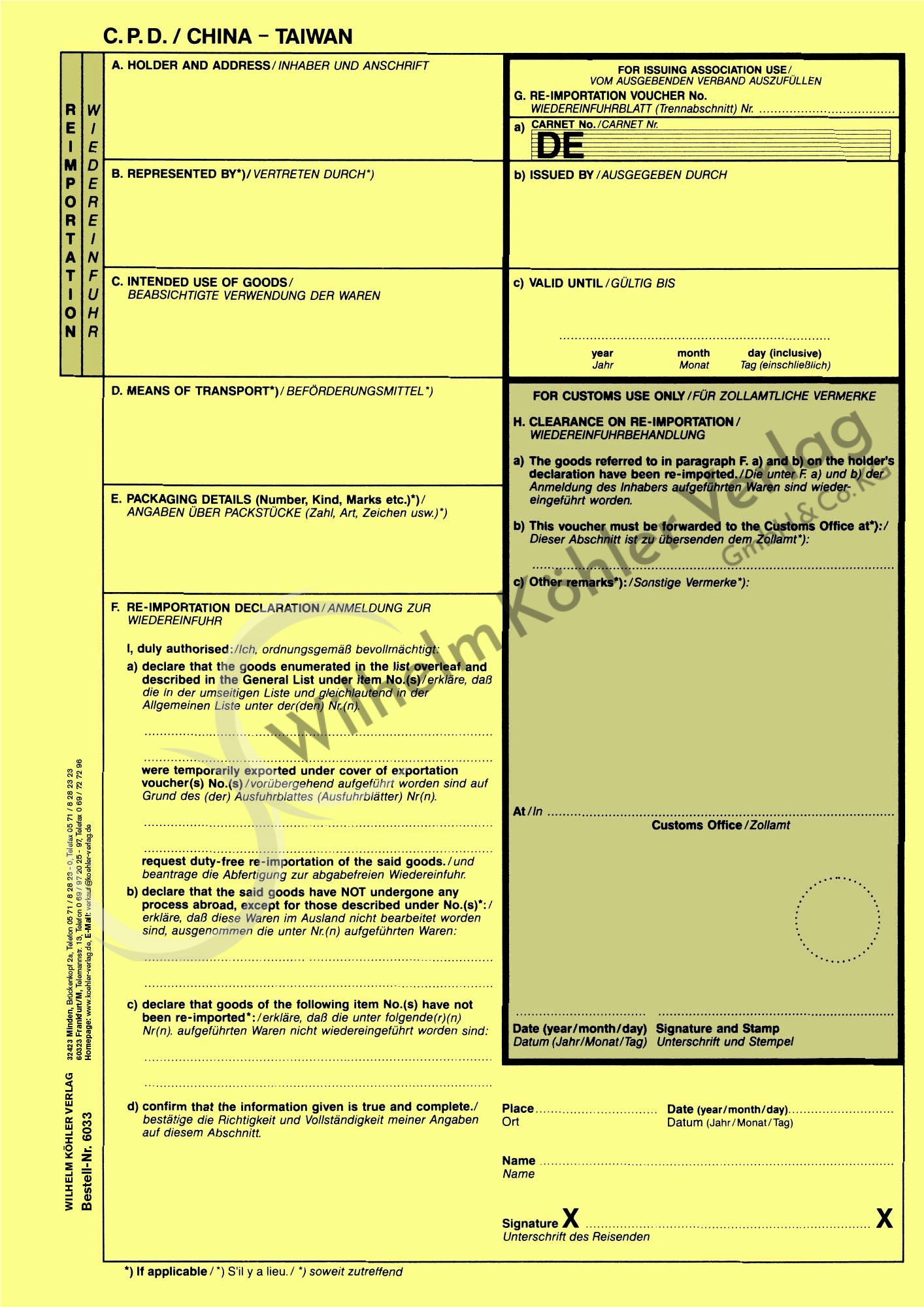 6033  Wiedereinfuhrblatt gelb                                                   