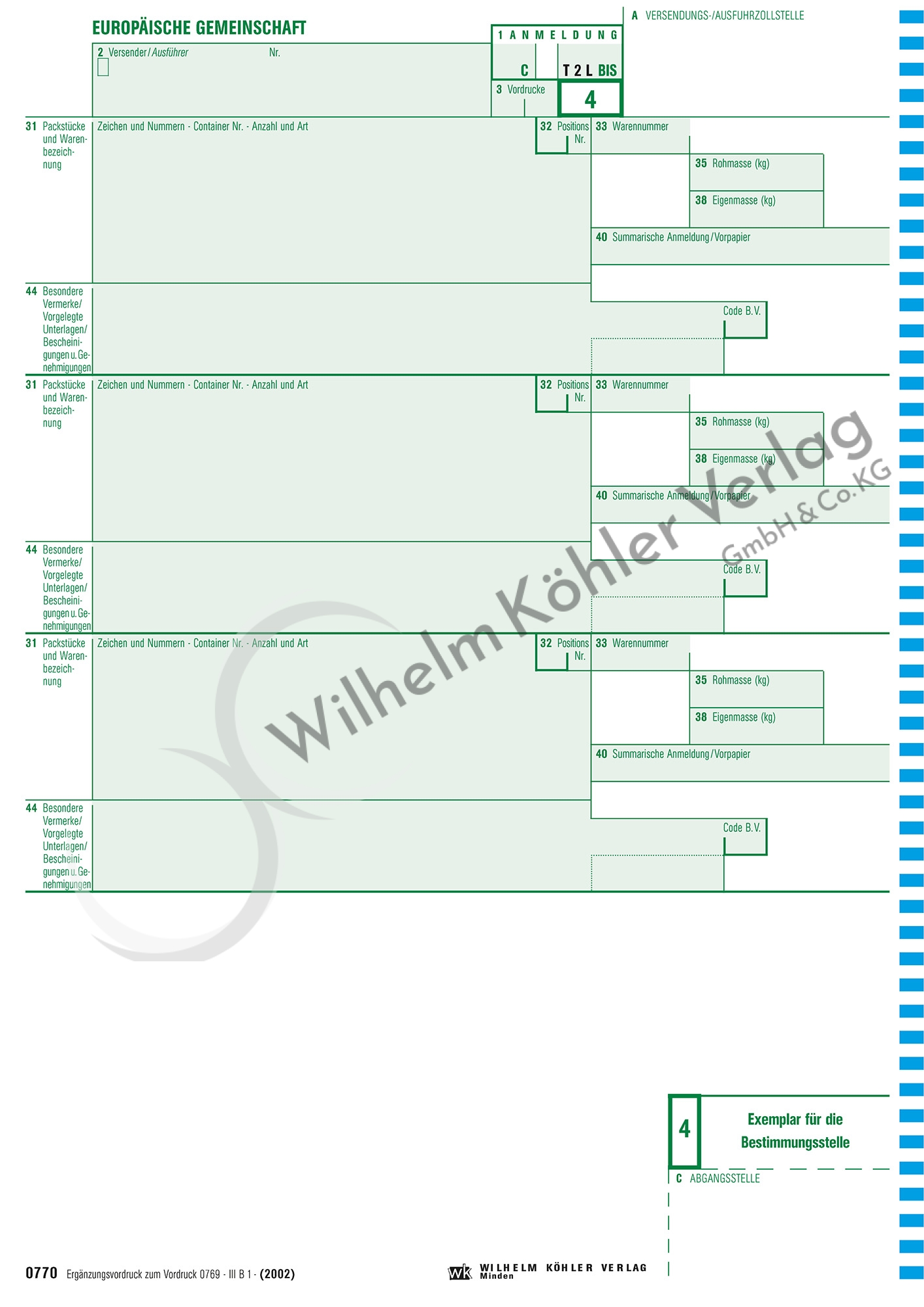 0770  Ergänzungsblatt zu 0769 + 0769F                                           